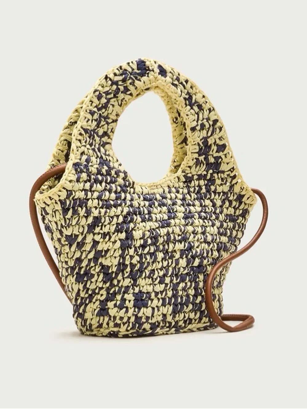 NWT, J Crew Small Handwoven Tote, Yellow & Navy Marled Straw, Leather Trim